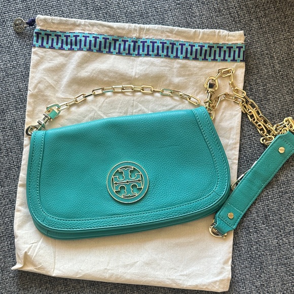 TORY BURCH Teal and Gold Leather Chain Shoulder Bag/Clutch - Picture 11 of 12
